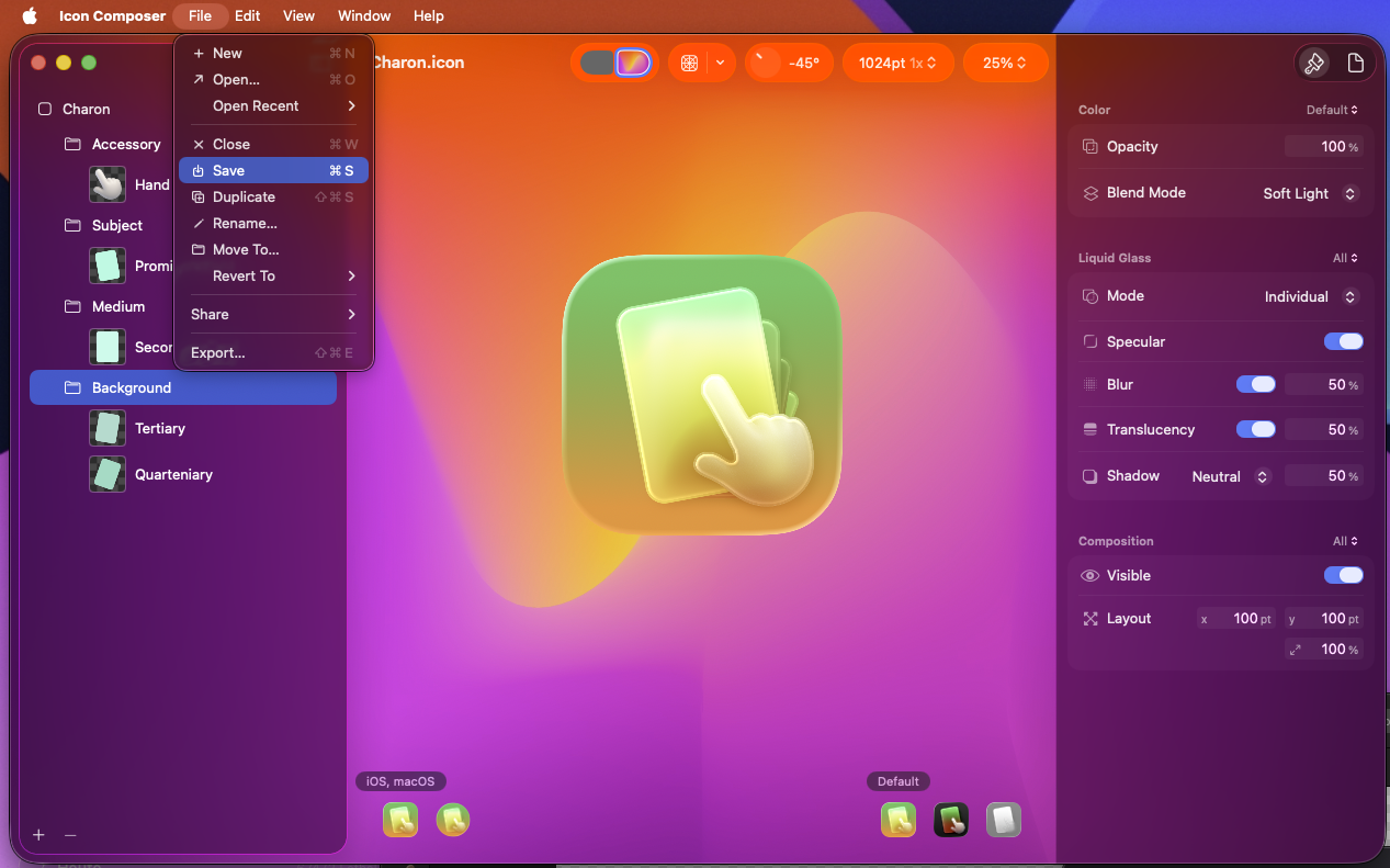 Icon Composer showing the save dialogue